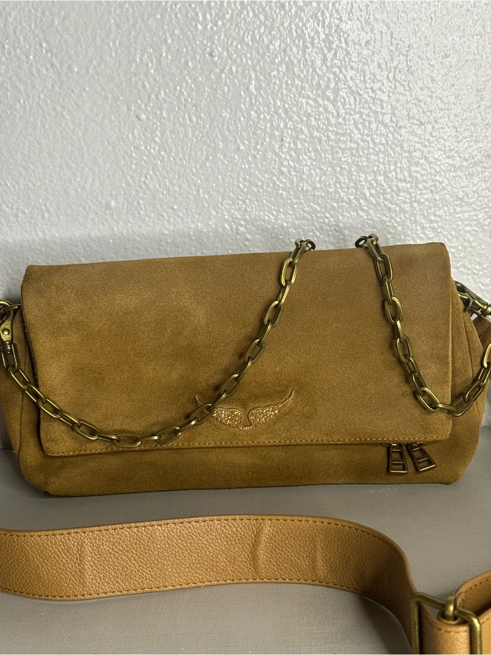 Zadig & Voltaire Rocky Suede Bag Tan Crossbody Clutch Gold Chain Calf Leather
